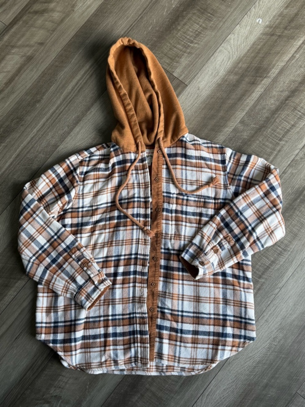 American Eagle 100% Cotton Brown Plaid Button Down Hooded Flannel Womenās Sz S